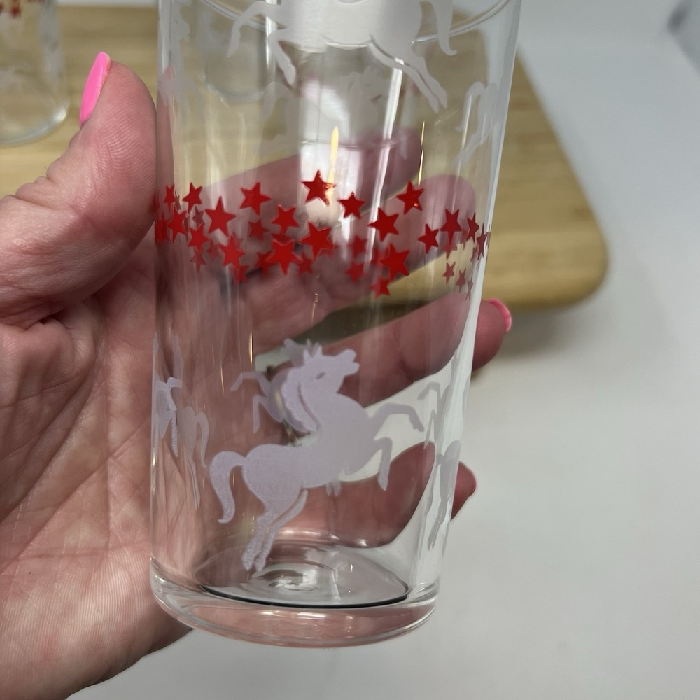 Vintage MCM 4 Libbey Frosted Glasses Red Stars White Galloping Horse Size 4.5"